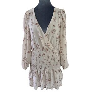 Blush J Jrs Fairycore Boho Floral Smocked Waist Ruffle Mini Dress Cream Rust M